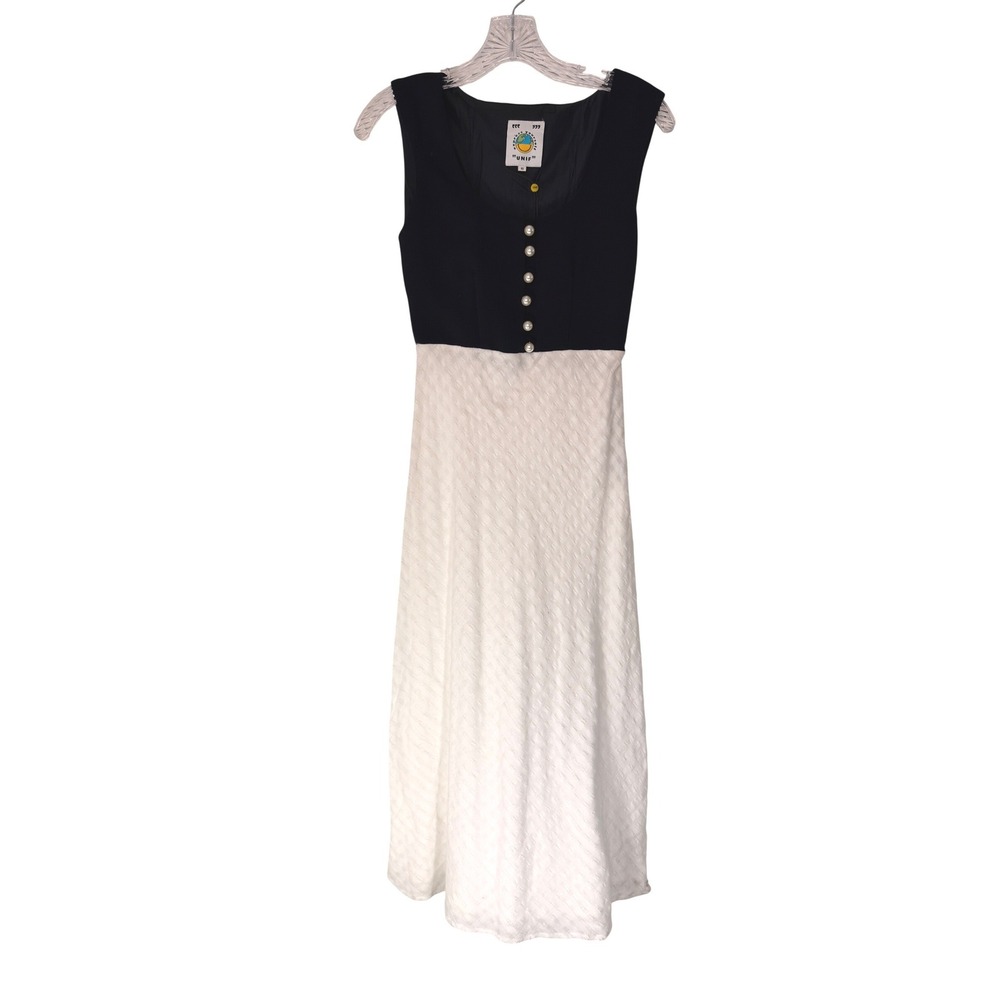 Unif Babydoll Midi Dress Women's Pearl Button Black White Colorblock Casual XS